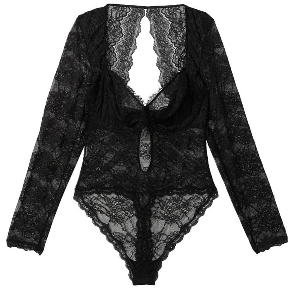 Victoria’s Secret Black Lace Long Sleeve Teddy Bodysuit | MEDIUM